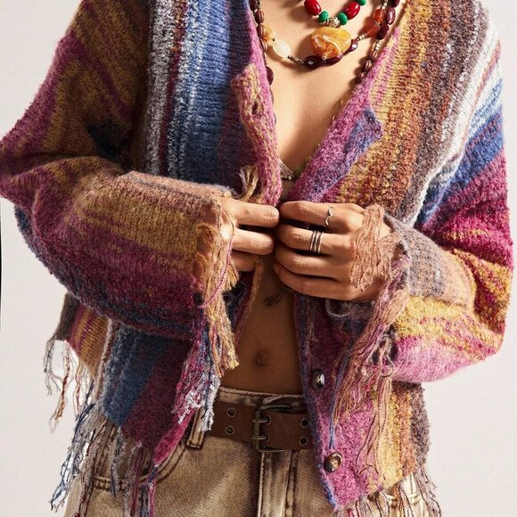 Multicolor Casual Women's colorful Ombre Striped Fringe Hem Cardigan - Picture 5 of 8